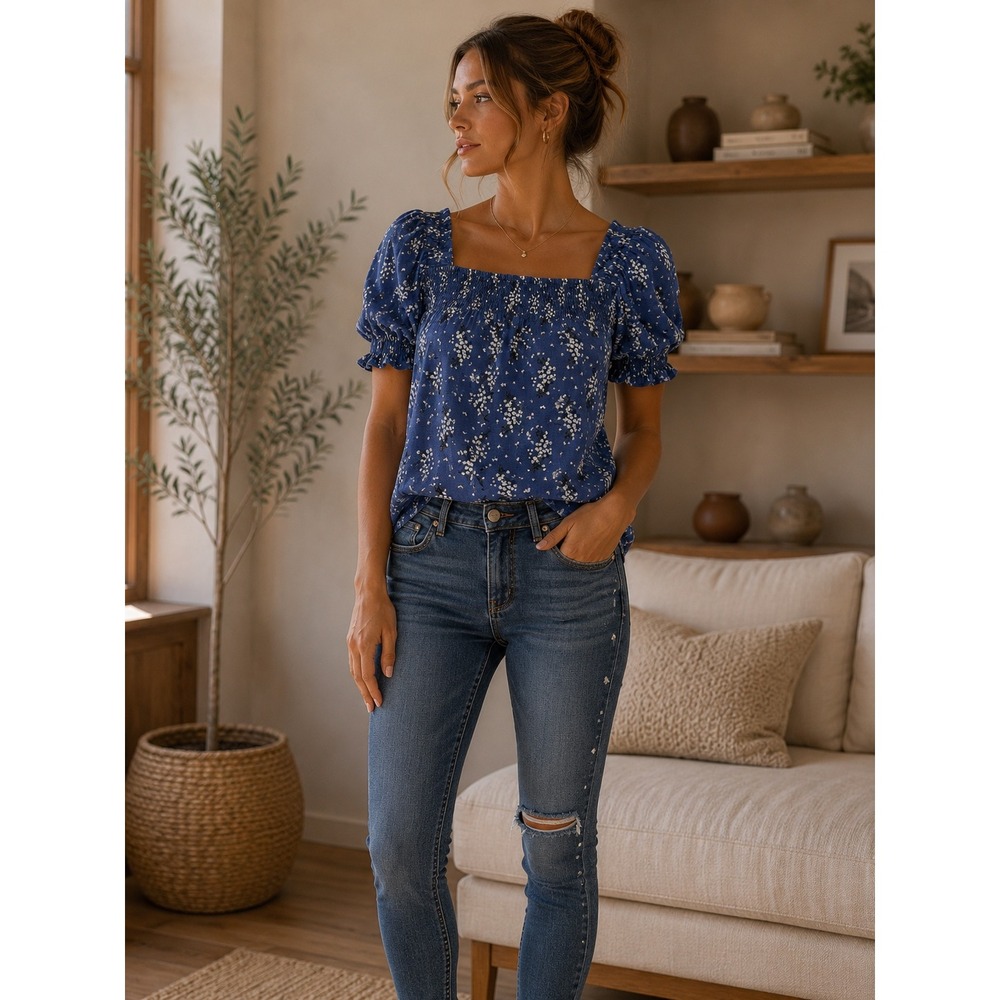 Melloday Blouse‎ Women Large Blue Floral Cottagecore Boho Peasant